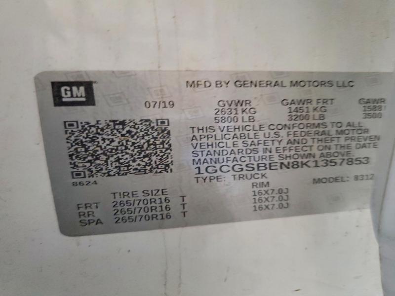 54495436 :رقم المزاد ، 1GCGSBEN8K1357853 vin ، 2019 Chevrolet Colorado مزاد بيع