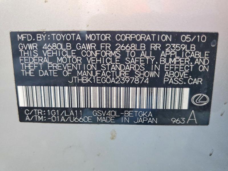 2010 Lexus Es მანქანა იყიდება აუქციონზე, vin: JTHBK1EG0A2397874, აუქციონის ნომერი: 52724176