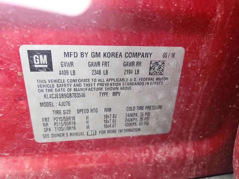 52449966 :رقم المزاد ، KL4CJESB9GB703546 vin ، 2016 Buick Encore مزاد بيع