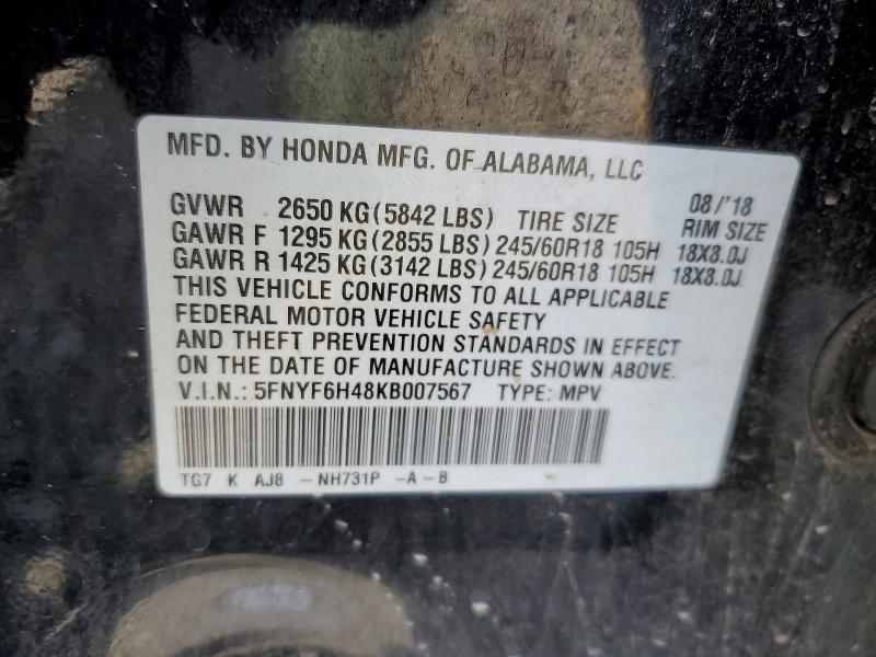 Aukcja sprzedaży 2019 Honda Pilot, vin: 5FNYF6H48KB007567, numer aukcji: 52201396
