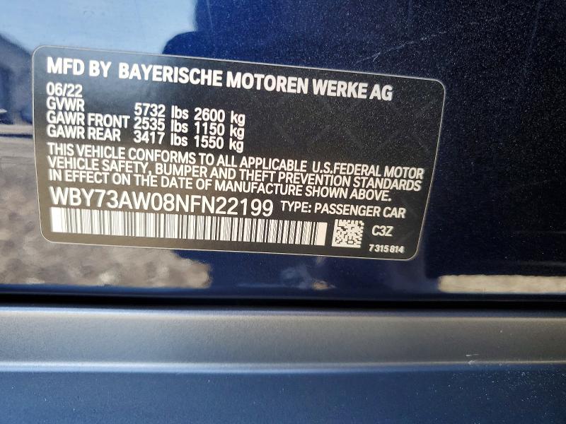 53651796 :رقم المزاد ، WBY73AW08NFN22199 vin ، 2022 Bmw I4 مزاد بيع