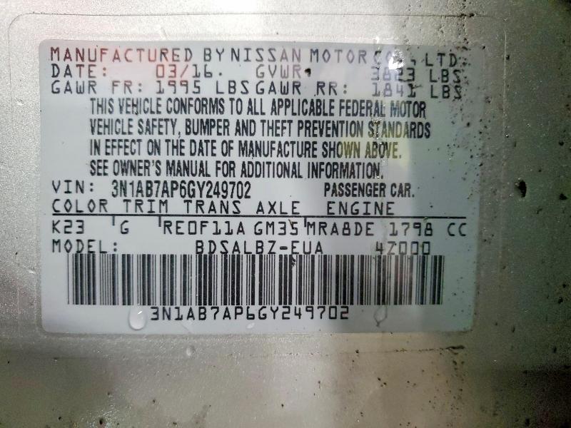 54795616 :رقم المزاد ، 3N1AB7AP6GY249702 vin ، 2016 Nissan Sentra مزاد بيع