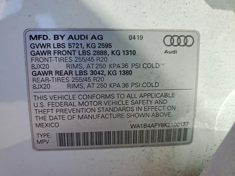 2019 Audi Sq5 მანქანა იყიდება აუქციონზე, vin: WA1B4AFY8K2100137, აუქციონის ნომერი: 52514186