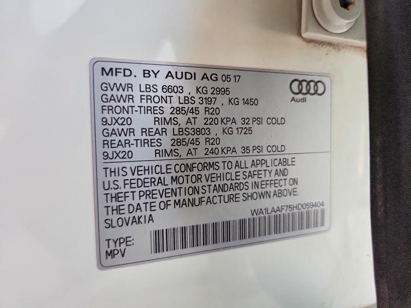 Продажа на аукционе авто 2017 Audi Q7, vin: WA1LAAF75HD059404, номер лота: 52950396