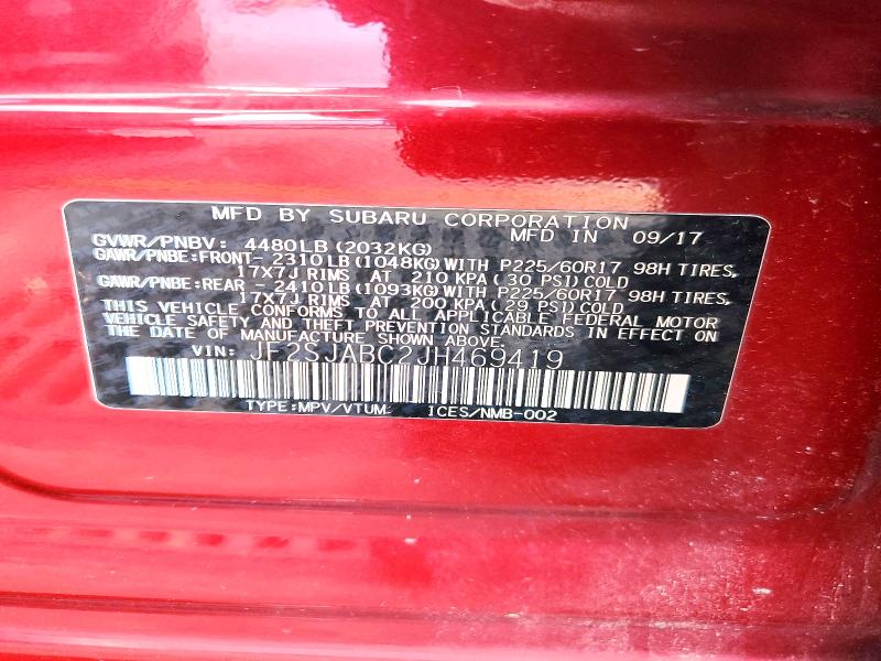 Продаж на аукціоні авто 2018 Subaru Forester, vin: JF2SJABC2JH469419, номер лоту: 54310466