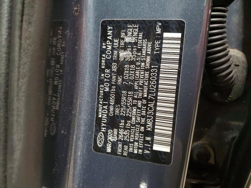 52085076 :رقم المزاد ، KM8J3CAL7LU260331 vin ، 2020 Hyundai Tucson مزاد بيع