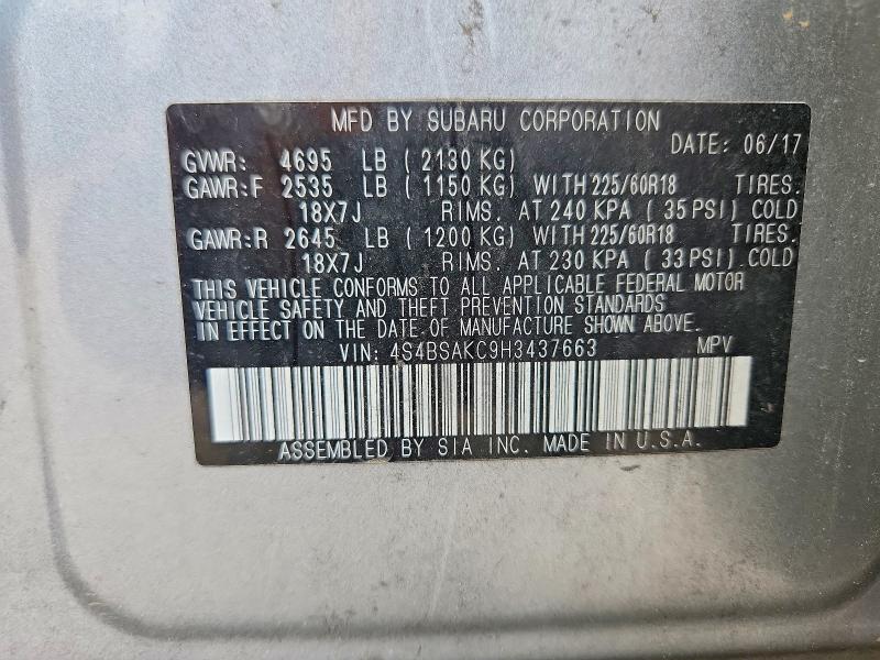 53393676 :رقم المزاد ، 4S4BSAKC9H3437663 vin ، 2017 Subaru Outback مزاد بيع