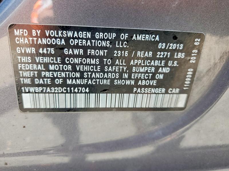54791936 :رقم المزاد ، 1VWBP7A32DC114704 vin ، 2013 Volkswagen Passat مزاد بيع