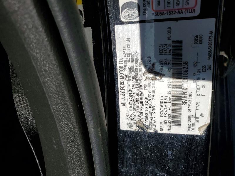 53286006 :رقم المزاد ، 3FAHP0KC1CR186258 vin ، 2012 Ford Fusion مزاد بيع