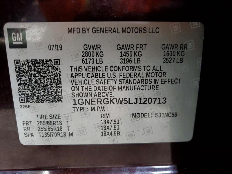 52379086 :رقم المزاد ، 1GNERGKW5LJ120713 vin ، 2020 Chevrolet Traverse مزاد بيع