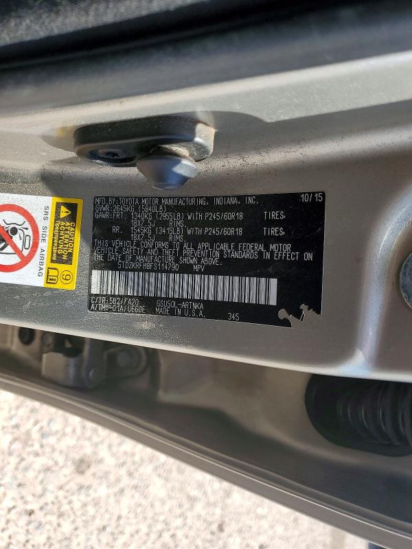 58387916 :رقم المزاد ، 5TDZKRFH8FS114790 vin ، 2015 Toyota Highlander مزاد بيع