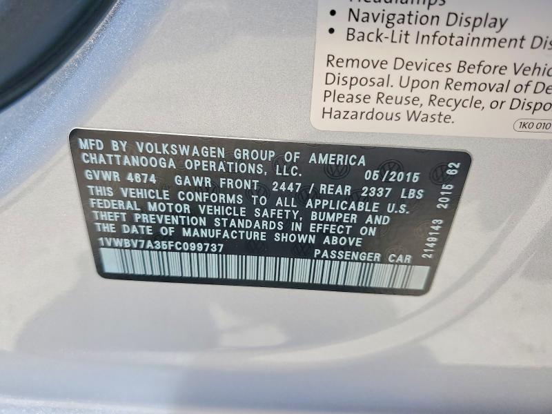Продаж на аукціоні авто 2015 Volkswagen Passat, vin: 1VWBV7A35FC099737, номер лоту: 55031016