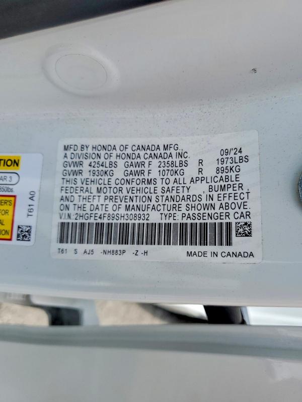 53176246 :رقم المزاد ، 2HGFE4F89SH308932 vin ، 2025 Honda Civic مزاد بيع