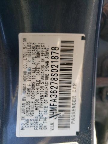54909543 :رقم المزاد ، JHMFA36278S021878 vin ، 2008 Honda Civic Hybrid مزاد بيع