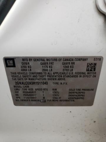 54396243 :رقم المزاد ، 2GNALCEK9H1511043 vin ، 2017 Chevrolet Equinox Lt مزاد بيع
