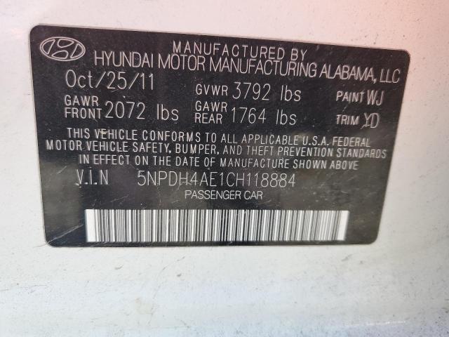 2012 Hyundai Elantra Gls მანქანა იყიდება აუქციონზე, vin: 5NPDH4AE1CH118884, აუქციონის ნომერი: 54557883