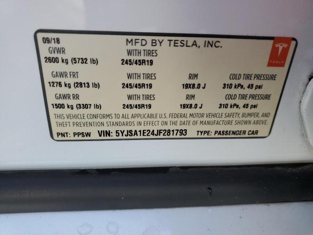 57077033 :رقم المزاد ، 5YJSA1E24JF281793 vin ، 2018 Tesla Model S مزاد بيع
