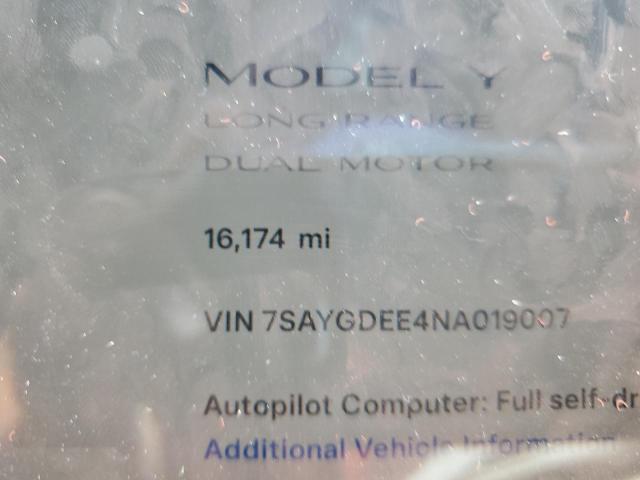 60305074 :رقم المزاد ، 7SAYGDEE4NA019007 vin ، 2022 Tesla Model Y مزاد بيع