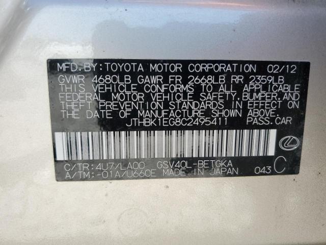 2012 Lexus Es მანქანა იყიდება აუქციონზე, vin: JTHBK1EG8C2495411, აუქციონის ნომერი: 58611424