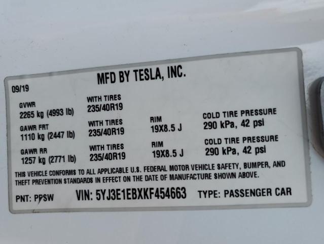 2019 Tesla Model 3 მანქანა იყიდება აუქციონზე, vin: 5YJ3E1EBXKF454663, აუქციონის ნომერი: 60865234
