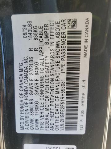 61823915 :رقم المزاد ، 2HGFE2F51RH593081 vin ، 2024 Honda Civic Spor مزاد بيع