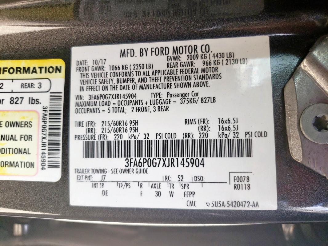 Aukcja sprzedaży 2018 Ford Fusion S, vin: 3FA6P0G7XJR145904, numer aukcji: 61467405