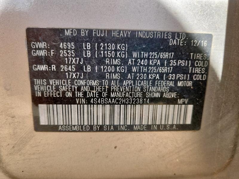 Aukcja sprzedaży 2017 Subaru Outback 2., vin: 4S4BSAAC2H3323814, numer aukcji: 61427625