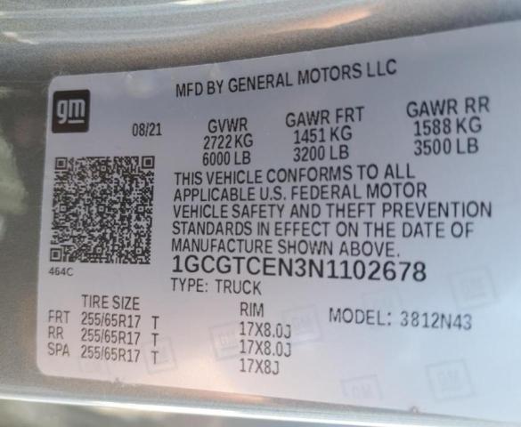 60086465 :رقم المزاد ، 1GCGTCEN3N1102678 vin ، 2022 Chevrolet Colorado مزاد بيع