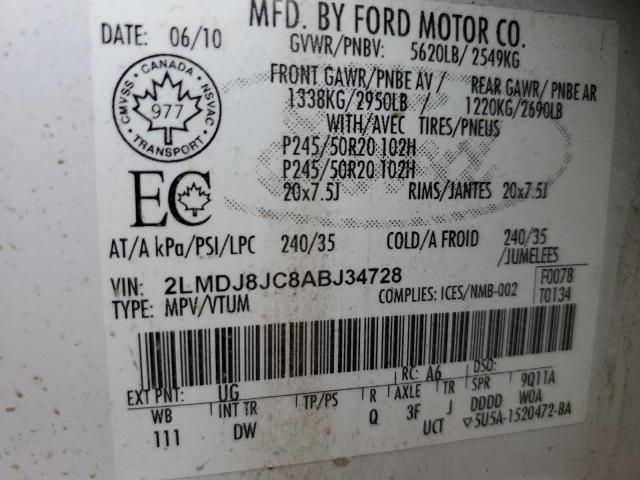 62060235 :رقم المزاد ، 2LMDJ8JC8ABJ34728 vin ، 2010 Lincoln Mkx مزاد بيع