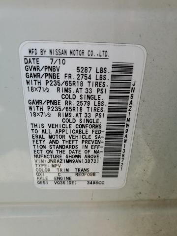 Продаж на аукціоні авто 2010 Nissan Murano S, vin: JN8AZ1MW9AW138721, номер лоту: 61976565