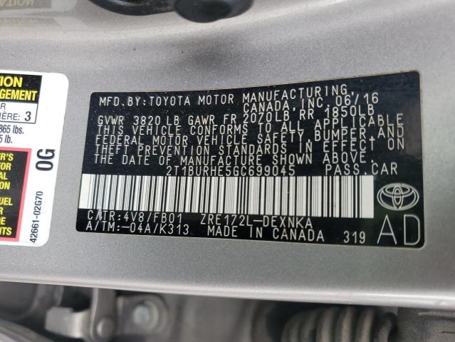 61143735 :رقم المزاد ، 2T1BURHE5GC699045 vin ، 2016 Toyota Corolla L مزاد بيع