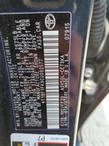 Продажа на аукционе авто 2012 Toyota Camry, vin: 4T1BF1FK9CU092577, номер лота: 59797615