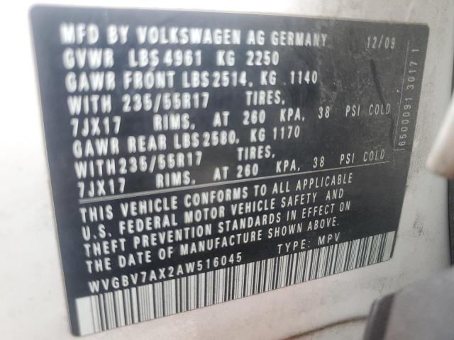2010 Volkswagen Tiguan მანქანა იყიდება აუქციონზე, vin: WVGBV7AX2AW516045, აუქციონის ნომერი: 59818755
