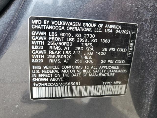 61788665 :رقم المزاد ، 1V2HR2CA3MC585961 vin ، 2021 Volkswagen Atlas Se مزاد بيع