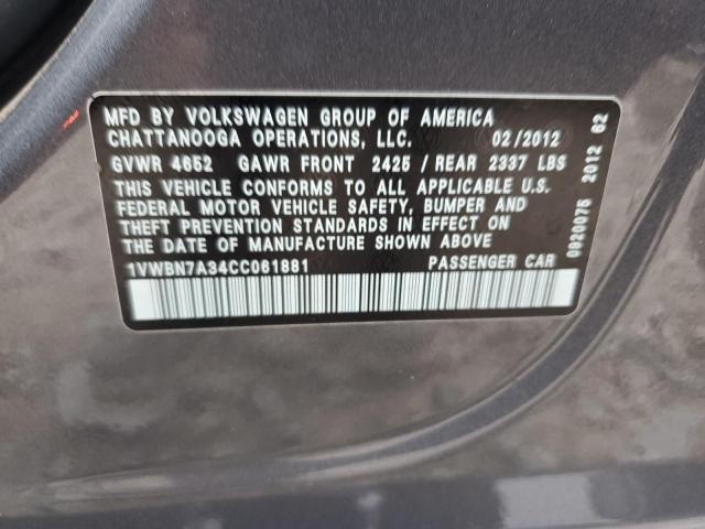 Продаж на аукціоні авто 2012 Volkswagen Passat, vin: 1VWBN7A34CC061881, номер лоту: 62355545