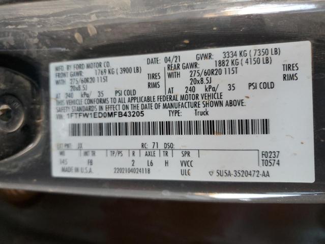 2021 Ford F150 მანქანა იყიდება აუქციონზე, vin: 1FTFW1ED0MFB43205, აუქციონის ნომერი: 52781316