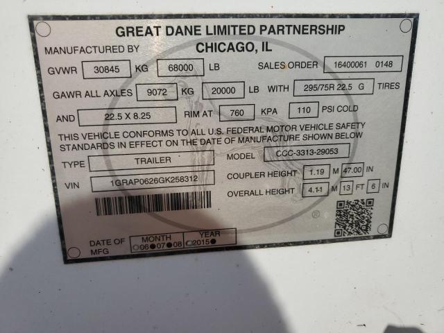 2016 Great Dane Trailers მანქანა იყიდება აუქციონზე, vin: 1GRAP0626GK258312, აუქციონის ნომერი: 57897745