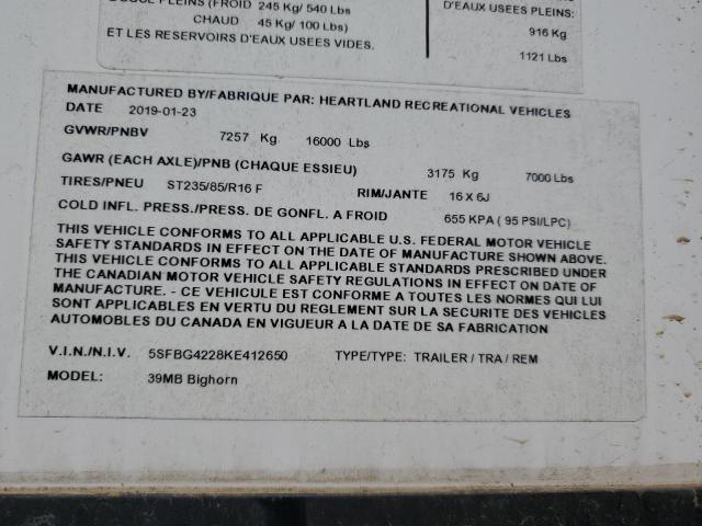 91900125 :رقم المزاد ، 5SFBG4228KE412650 vin ، 2019 Heartland Gateway مزاد بيع