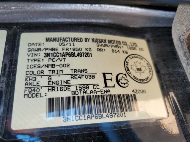 61971925 :رقم المزاد ، 3N1CC1AP6BL497201 vin ، 2011 Nissan Versa S مزاد بيع