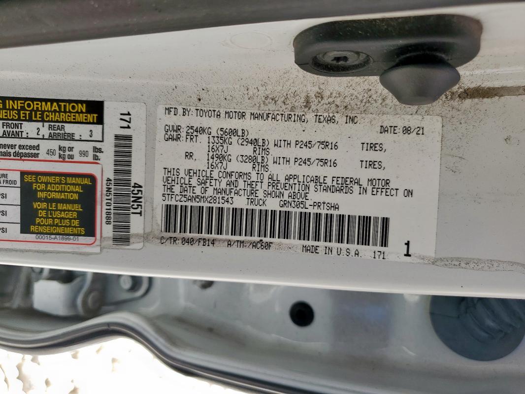 2021 Toyota Tacoma მანქანა იყიდება აუქციონზე, vin: 5TFCZ5AN5MX281543, აუქციონის ნომერი: 62397775