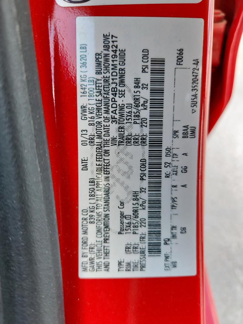 2013 Ford Fiesta Se მანქანა იყიდება აუქციონზე, vin: 3FADP4BJ1DM194217, აუქციონის ნომერი: 62579935