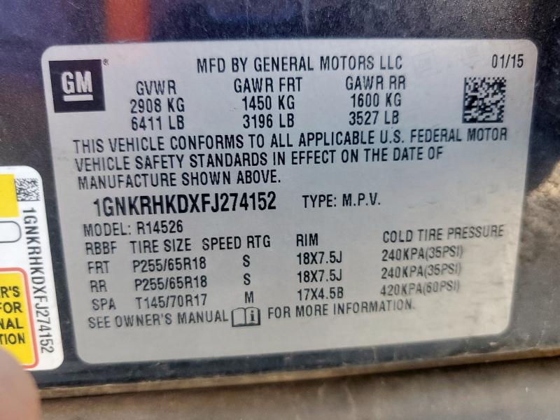 Auction sale of the 2015 Chevrolet Traverse L, vin: 1GNKRHKDXFJ274152, lot number: 61995425