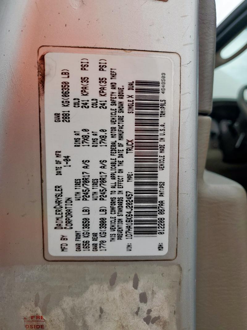 2004 Dodge Ram 1500 S მანქანა იყიდება აუქციონზე, vin: 1D7HA16K64J202457, აუქციონის ნომერი: 62202305