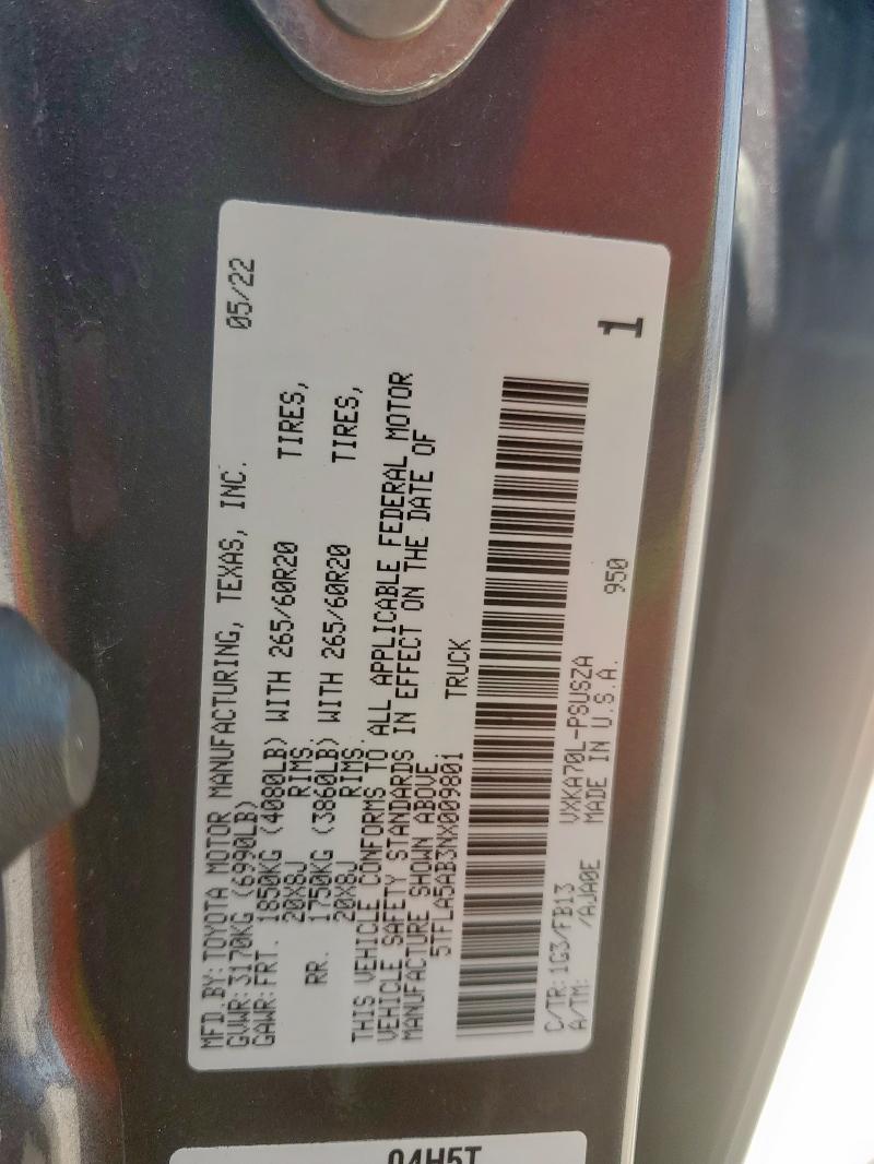 62122045 :رقم المزاد ، 5TFLA5AB3NX009801 vin ، 2022 Toyota Tundra Cre مزاد بيع