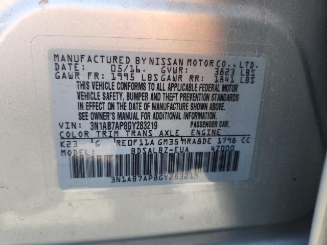 2016 Nissan Sentra მანქანა იყიდება აუქციონზე, vin: 3N1AB7AP8GY283219, აუქციონის ნომერი: 60928175