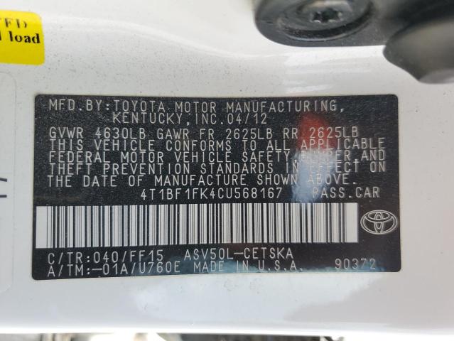 Продажа на аукционе авто 2012 Toyota Camry Base, vin: 4T1BF1FK4CU568167, номер лота: 60591265