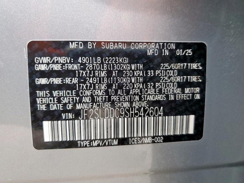 Продаж на аукціоні авто 2025 Subaru Forester P, vin: JF2SLDDC9SH542604, номер лоту: 60742965