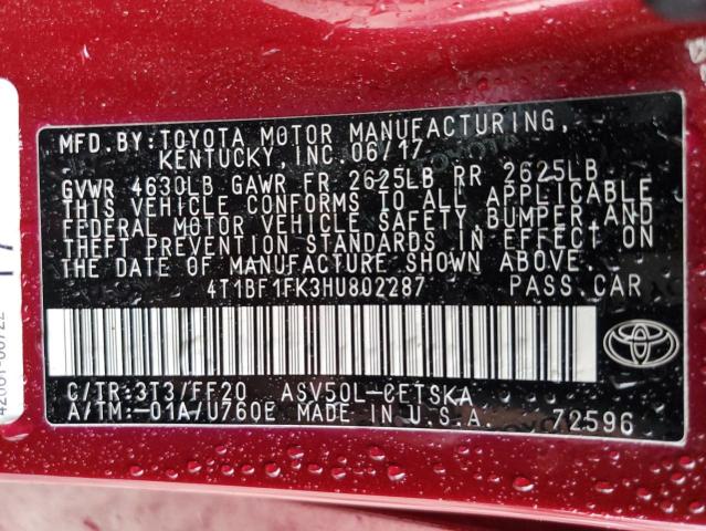 2017 Toyota Camry Le მანქანა იყიდება აუქციონზე, vin: 4T1BF1FK3HU802287, აუქციონის ნომერი: 52383035