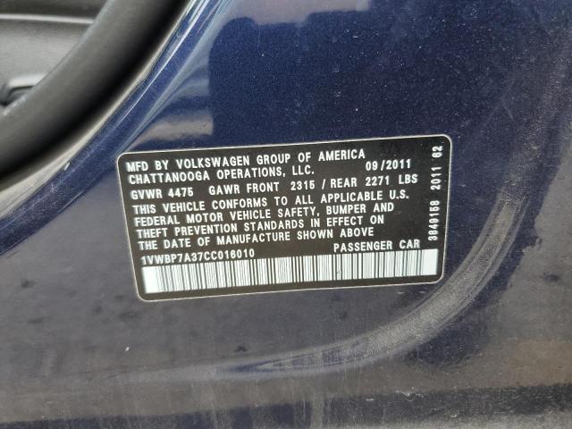 61263345 :رقم المزاد ، 1VWBP7A37CC016010 vin ، 2012 Volkswagen Passat مزاد بيع