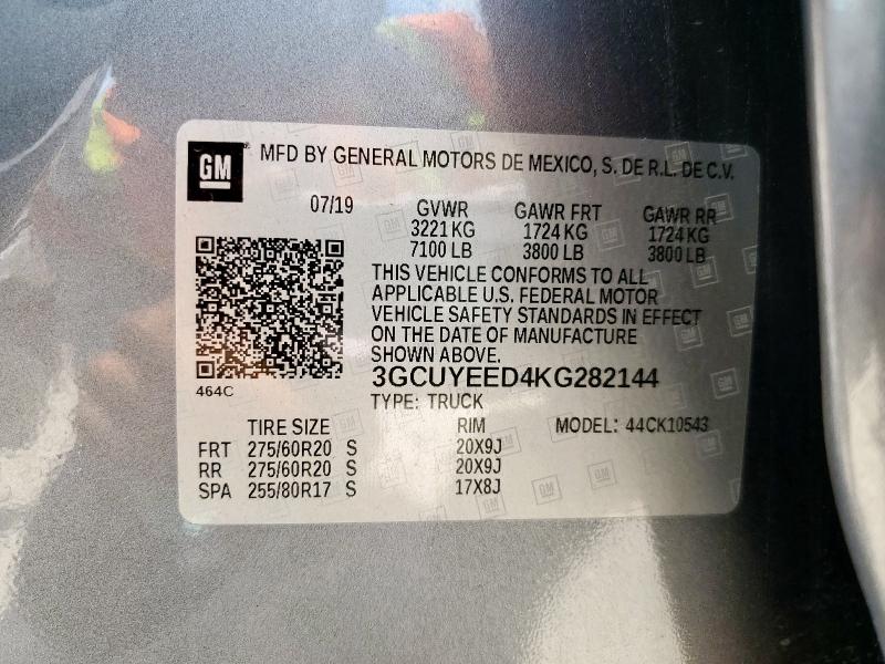 2019 Chevrolet Silverado მანქანა იყიდება აუქციონზე, vin: 3GCUYEED4KG282144, აუქციონის ნომერი: 58383965